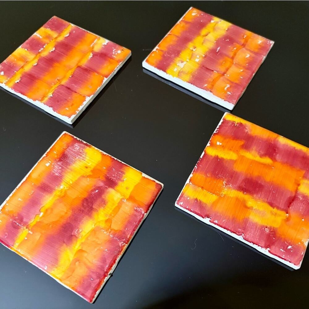 🔥 Handmade Alcohol Ink Coaster Set – Sunset Gradient Orange/Red – Set of 4 🔥